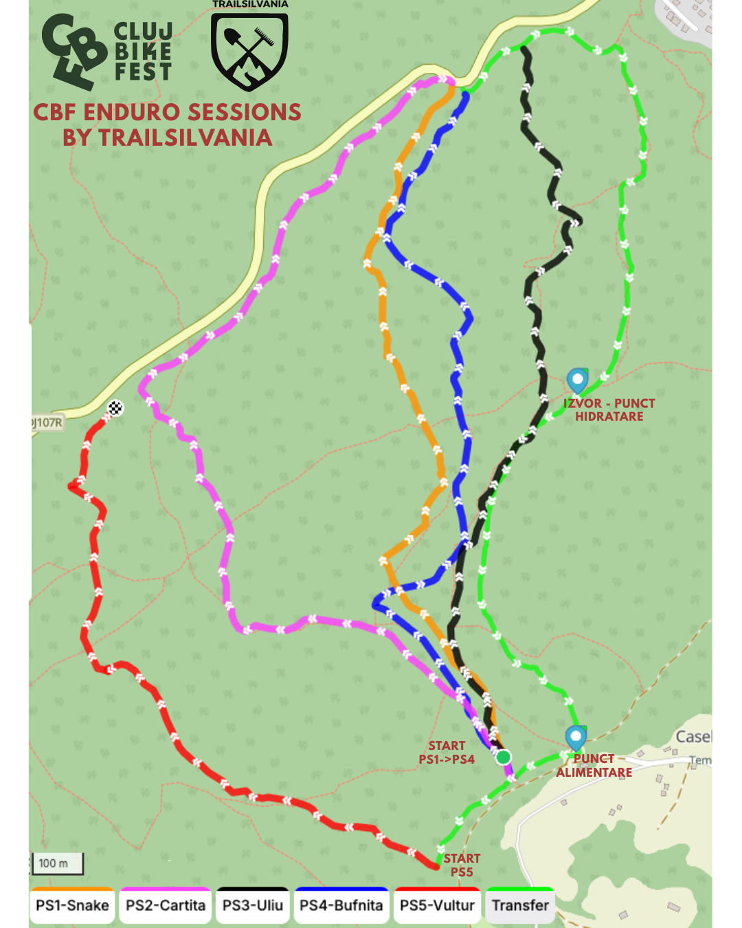 Harta oficială CBF Enduro Sessions by Trailsilvania — PS1 Snake, PS2 Cârtiță, PS3 Uliu, PS4 Bufniță, PS5 Vultur și secțiunile de transfer